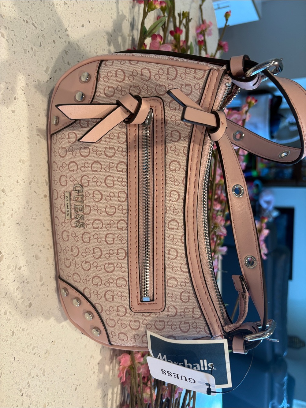 GUESS Blush Pink Monogram Shoulder Bag with Silver Hardware